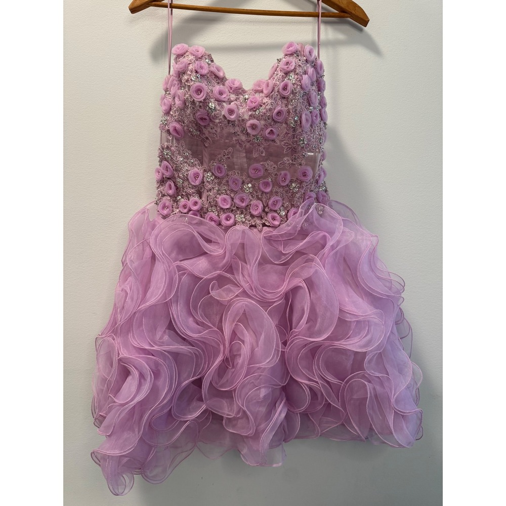 Jovani Lavender Beaded 3D Floral Ruffle Cocktail Prom Mini Dress Strapless  6 - Picture 2 of 7